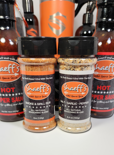 Shaeff's sauce and spice garlic, salt, pepper, smoke rub, hot